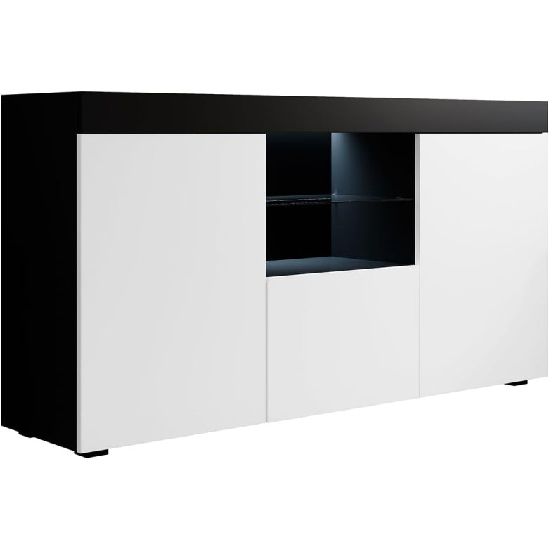 Buffet de rangement pour salon et salle ¨¤ manger avec ¨¦clairage LED et finition mate noir et blanc