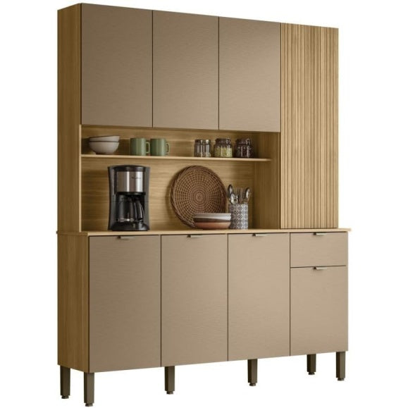 Buffet grande capacite avec huit portes, un tiroir et dix huit niches de rangement, decor chene et gris taupe, 161 x 200 x 38,8 cm