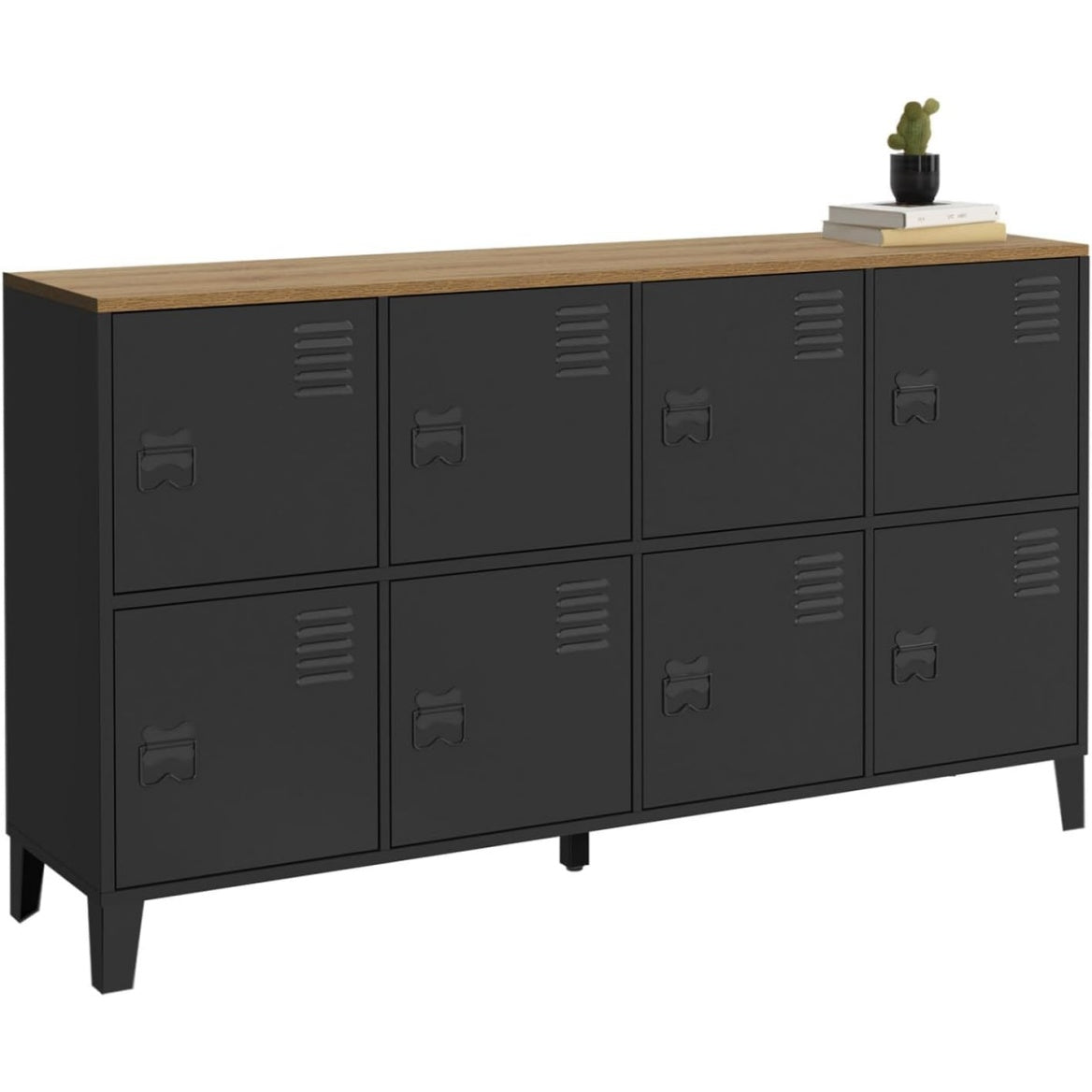 Meuble casier industriel 139 cm avec huit portes metalliques et plateau imitation bois, noir