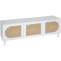 Meuble TV scandinave blanc avec fa?ades en rotin et trois portes de rangement