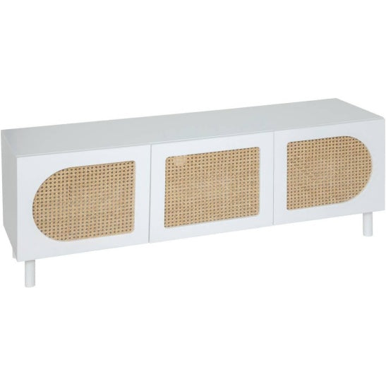Meuble TV scandinave blanc avec fa?ades en rotin et trois portes de rangement