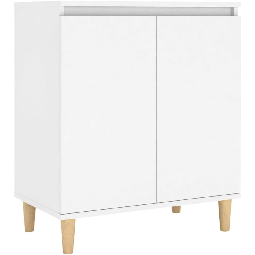 Buffet scandinave blanc avec pieds en bois massif et deux compartiments de rangement