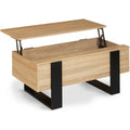 Table basse rectangulaire avec plateau relevable, finition bois et structure noire