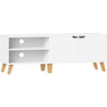 Banc TV blanc 140 cm avec portes et tablettes reglables, adapte aux televiseurs jusqua 60 pouces