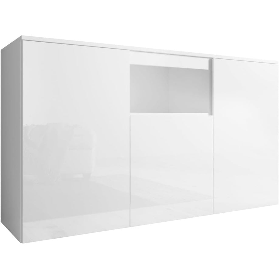 Buffet blanc brillant avec trois portes, design contemporain pour salon et salle ¨¤ manger