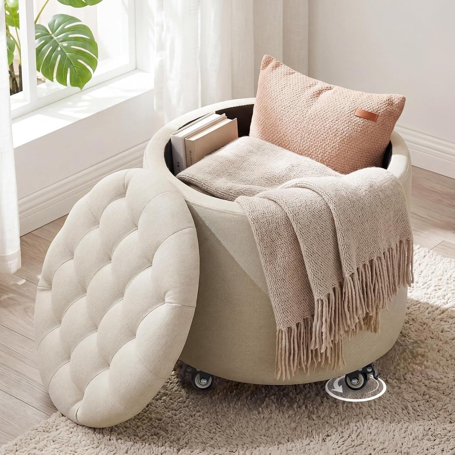 Pouf de rangement rond avec roulettes, assise rembourr¨¦e et coffre int¨¦gr¨¦ en tissu beige