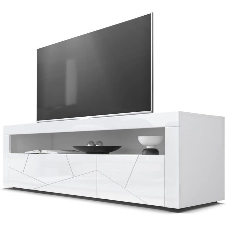 Meuble TV bas avec compartiment ouvert, deux abattants et fa?ade brillante au design contemporain