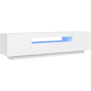 Meuble TV moderne blanc avec ¨¦clairage LED et rangements ferm¨¦s pour ¨¦cran jusqu'¨¤ 70 pouces