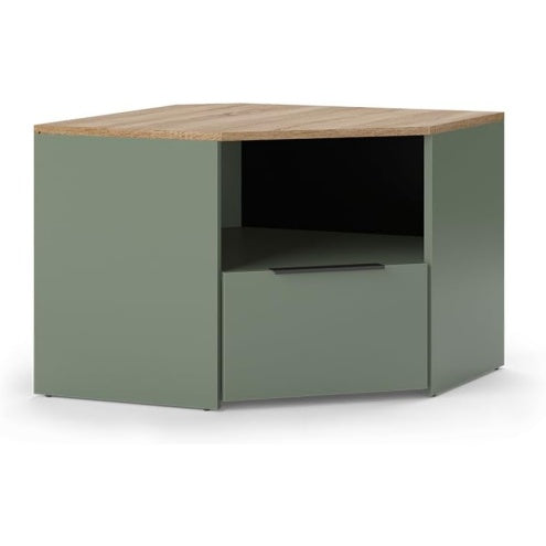 Petit meuble TV vert avec ¨¦tag¨¨res ouvertes, id¨¦al pour salon ou chambre