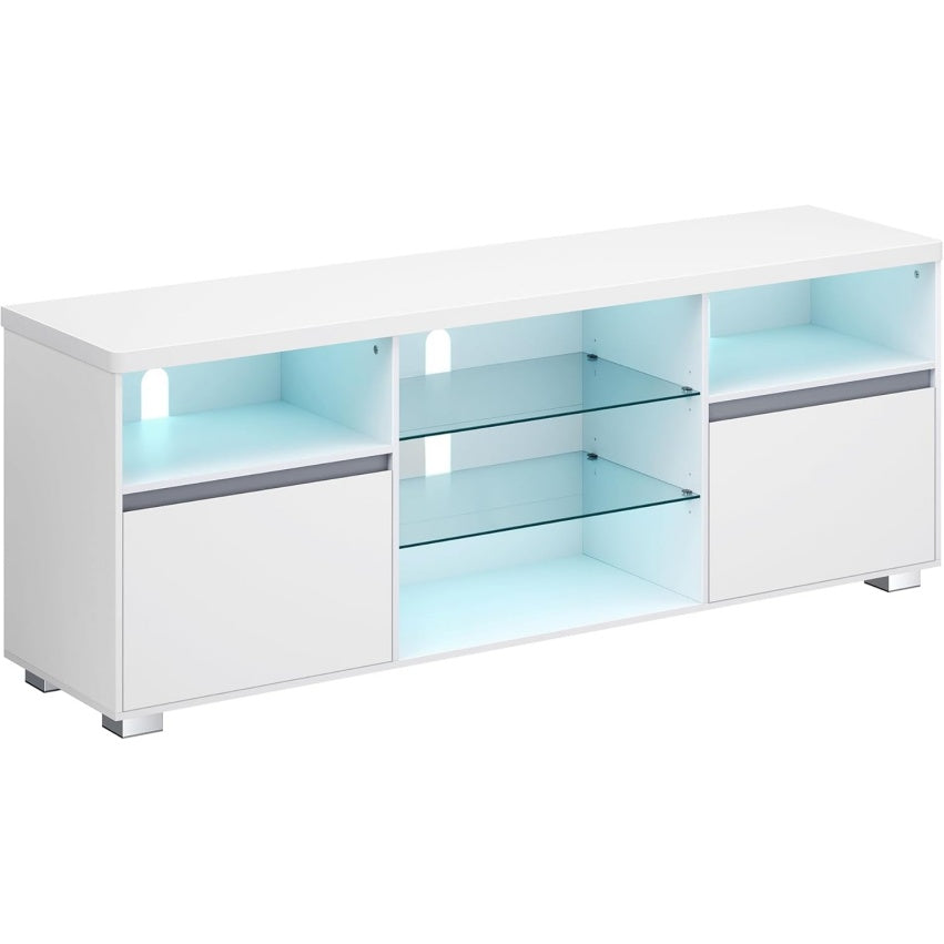 Meuble TV 160 cm avec ¨¦clairage LED, ¨¦tag¨¨res ouvertes en verre et 2 placards, support t¨¦l¨¦vision moderne jusqu'¨¤ 70 pouces, blanc