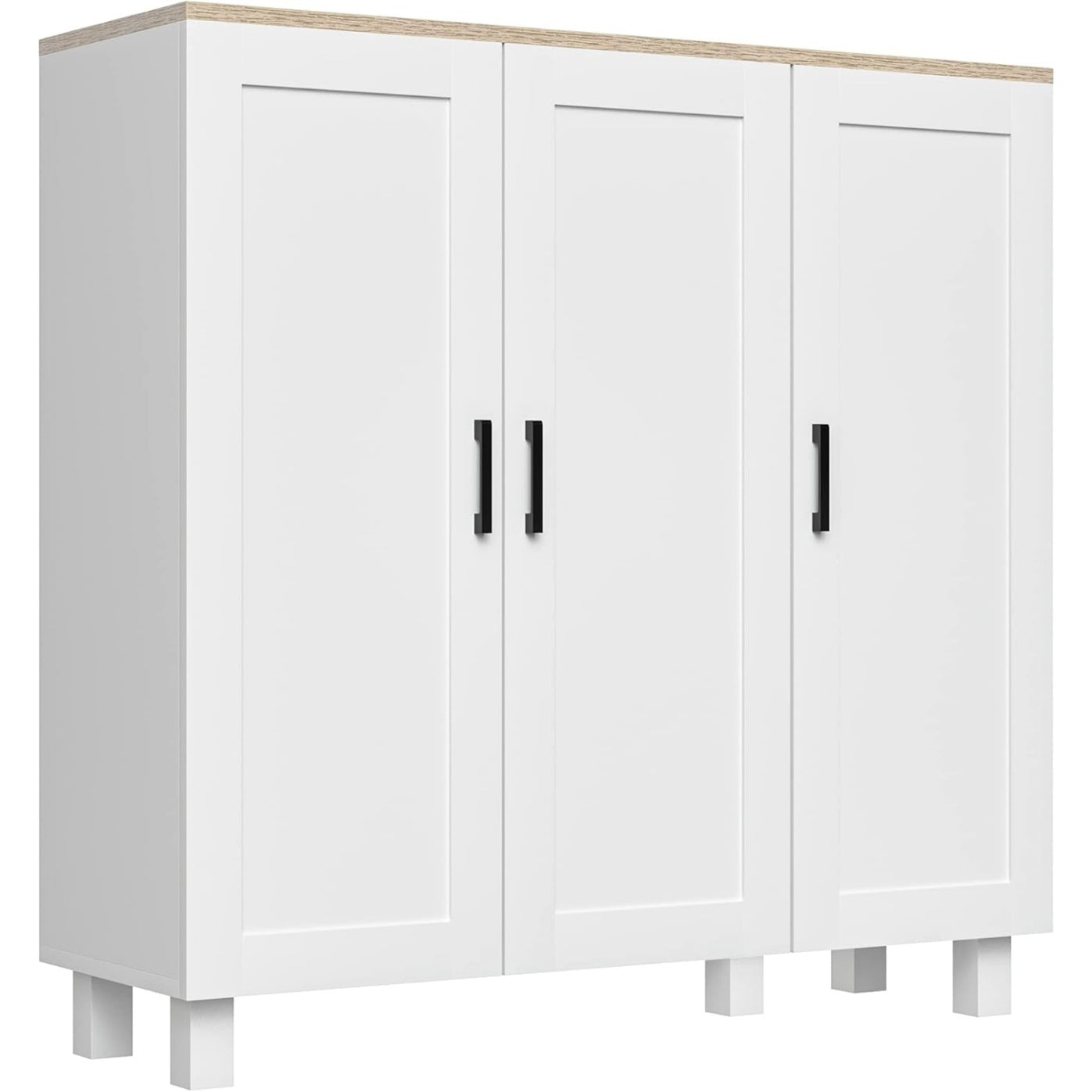 Buffet scandinave blanc avec trois portes et ¨¦tag¨¨res r¨¦glables pour cuisine ou salle ¨¤ manger