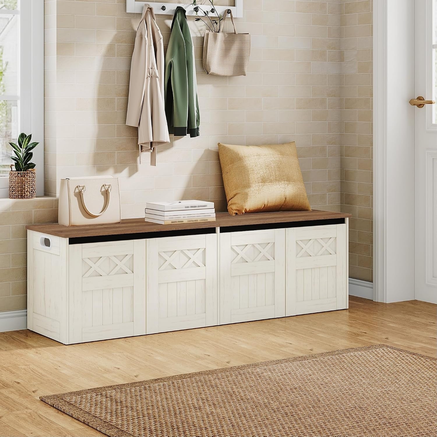 Coffre de rangement style campagne en bois blanc et brun, banc multifonction 150 cm