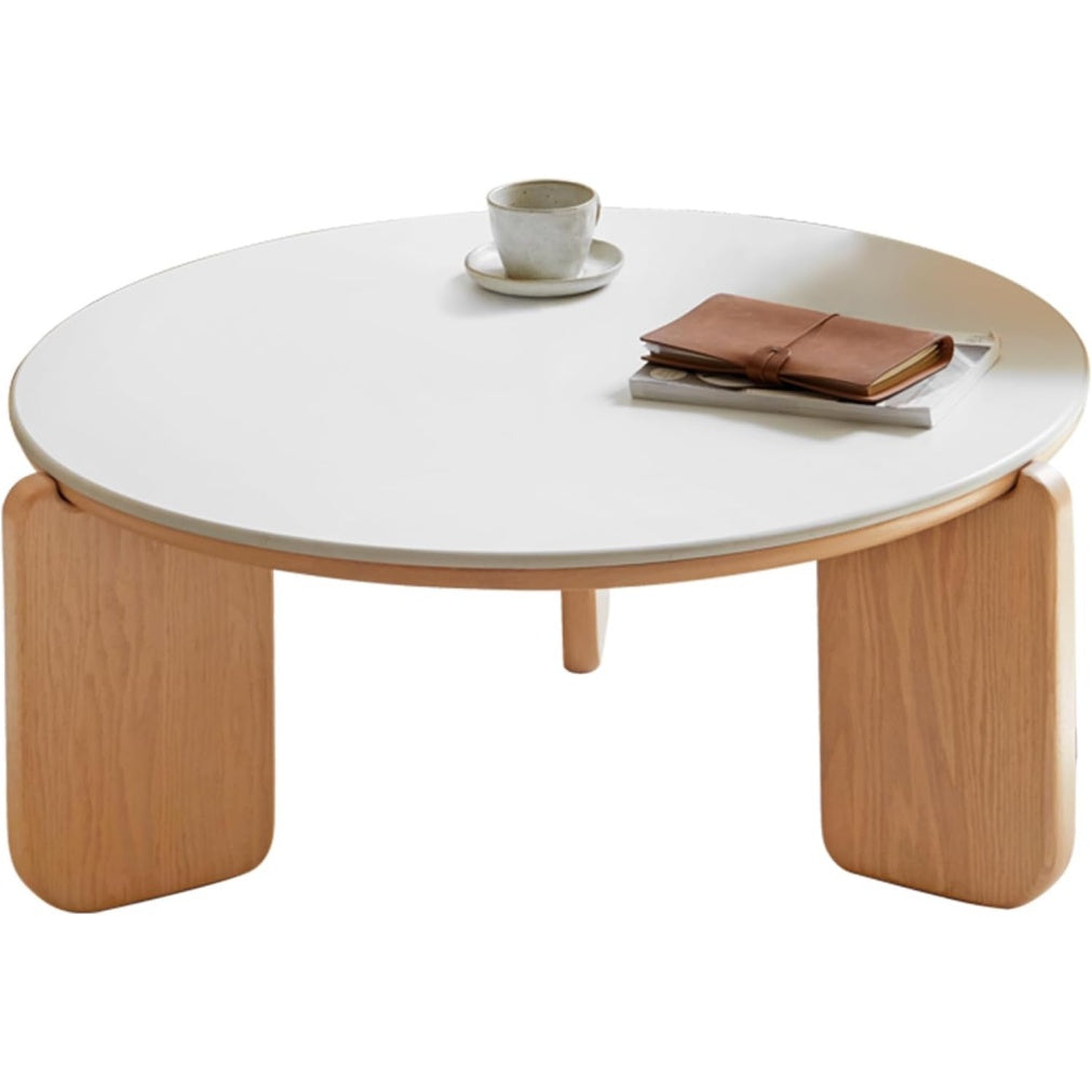Table basse ronde en ch¨ºne massif avec plateau en pierre fritt¨¦e r¨¦sistant aux rayures et ¨¤ la chaleur
