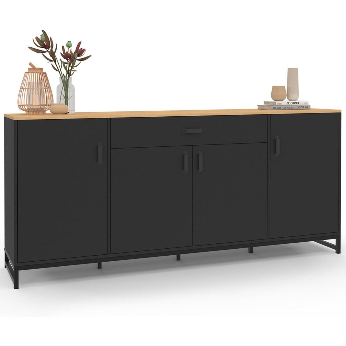 Buffet 180 cm avec 4 portes et 1 tiroir, meuble de rangement bois et noir