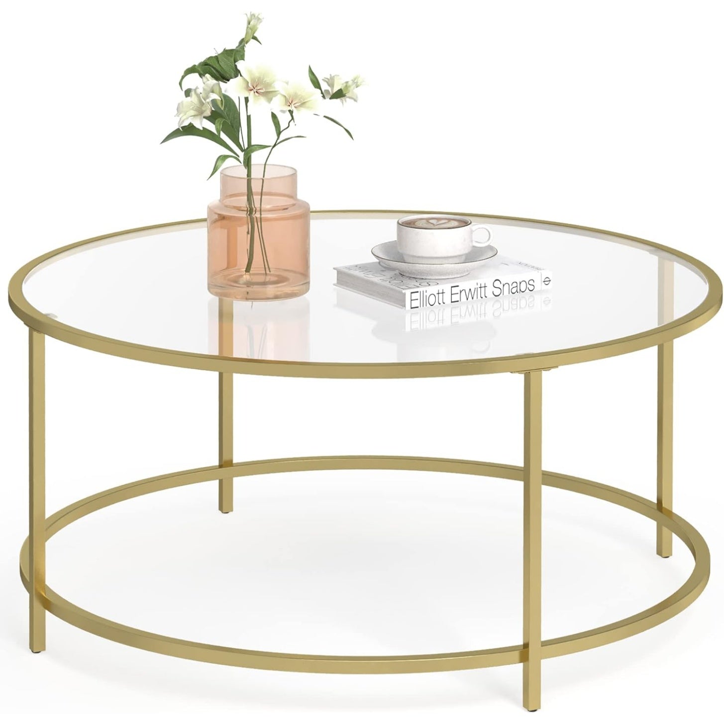 Table basse ronde en verre avec structure m¨¦tallique, meuble de salon moderne finition dor¨¦e