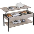 Table basse relevable 104,5 x 49,5 cm avec compartiment de rangement dissimul¨¦, meuble de salon gris en MDF