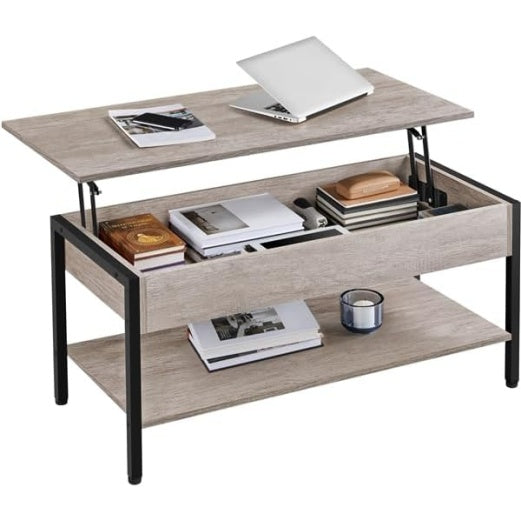 Table basse relevable 104,5 x 49,5 cm avec compartiment de rangement dissimul¨¦, meuble de salon gris en MDF