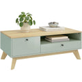 Table basse rectangulaire avec tiroir, porte de rangement et niche ouverte, finition vert clair et bois