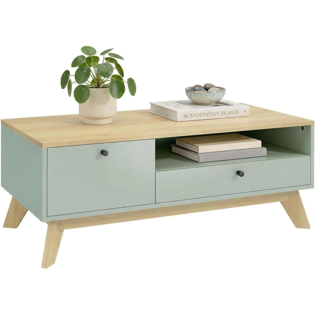 Table basse rectangulaire avec tiroir, porte de rangement et niche ouverte, finition vert clair et bois