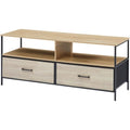 Meuble TV 120 cm en m¨¦tal noir et bois avec deux tiroirs en tissu rigide et ¨¦tag¨¨res ouvertes