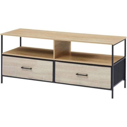 Meuble TV 120 cm en m¨¦tal noir et bois avec deux tiroirs en tissu rigide et ¨¦tag¨¨res ouvertes