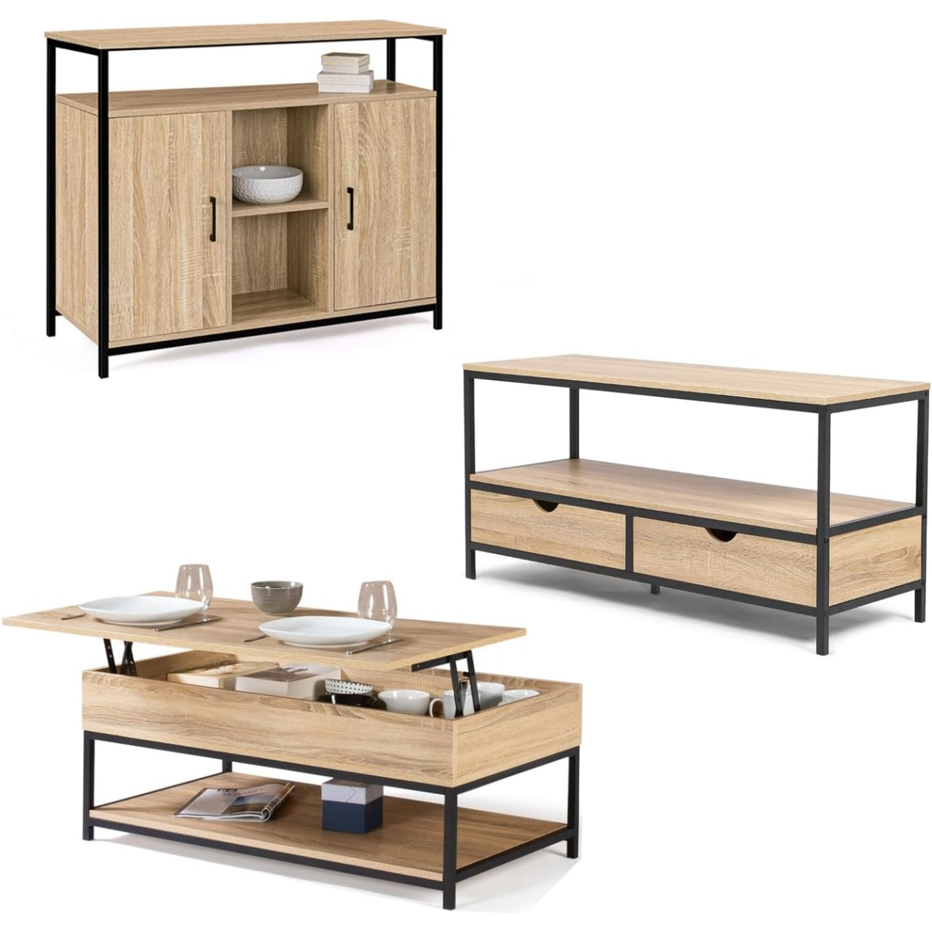 Mobilier de salon comprenant buffet, table basse relevable et meuble TV, style industriel