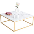 Table basse carr¨¦e effet marbre avec structure m¨¦tallique, meuble de salon style industriel r¨¦tro, 80 x 80 x 34 cm, blanc et dor¨¦