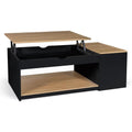 Table basse rectangulaire avec plateau relevable et coffre de rangement, finition bois noir et effet hetre