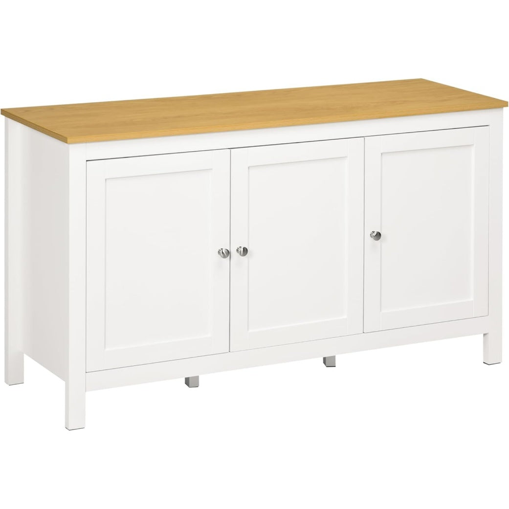 Buffet 120 cm avec trois portes, deux etageres reglables et plateau aspect bois clair, blanc