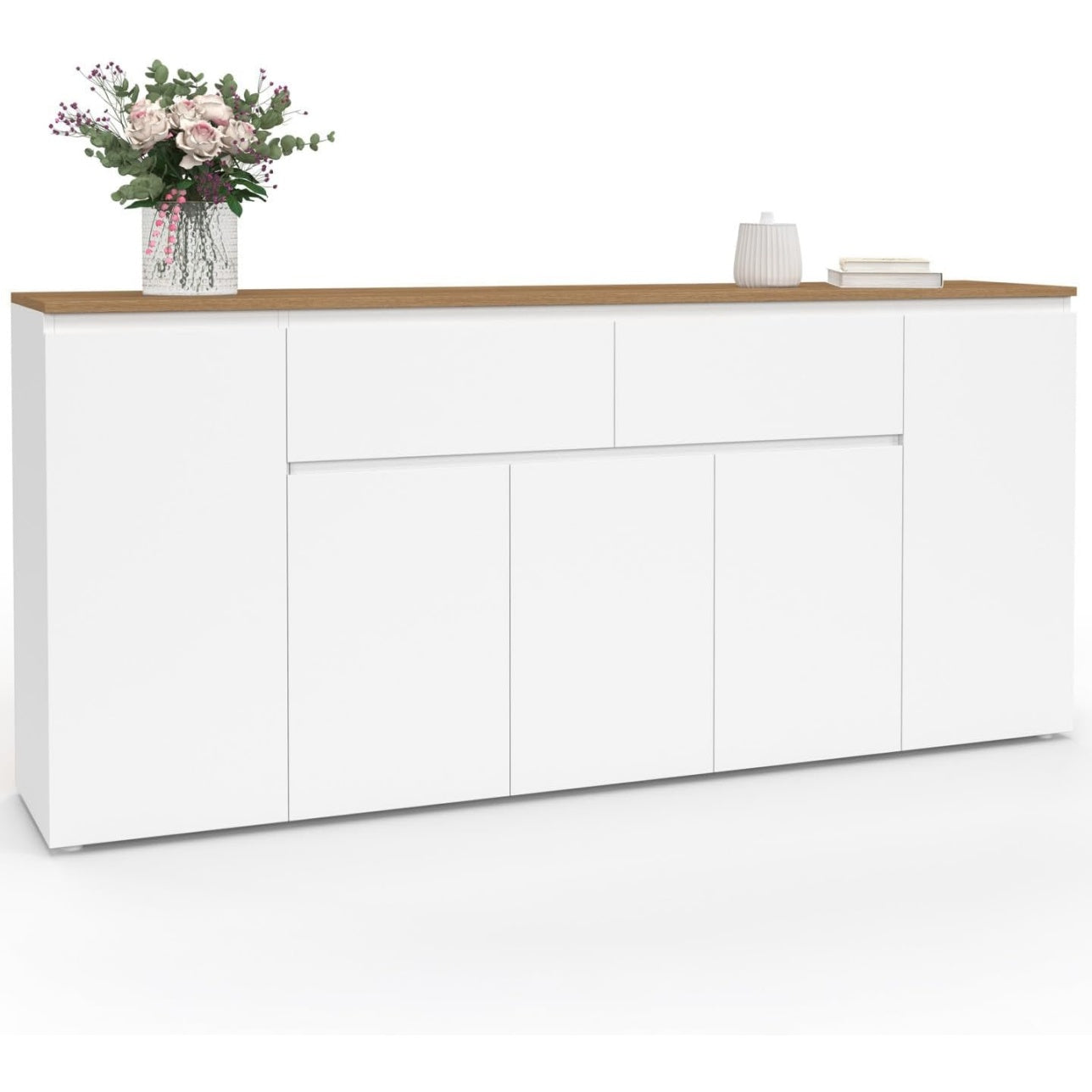 Bahut grande capacite 180 cm avec cinq portes, deux tiroirs et plateau imitation bois